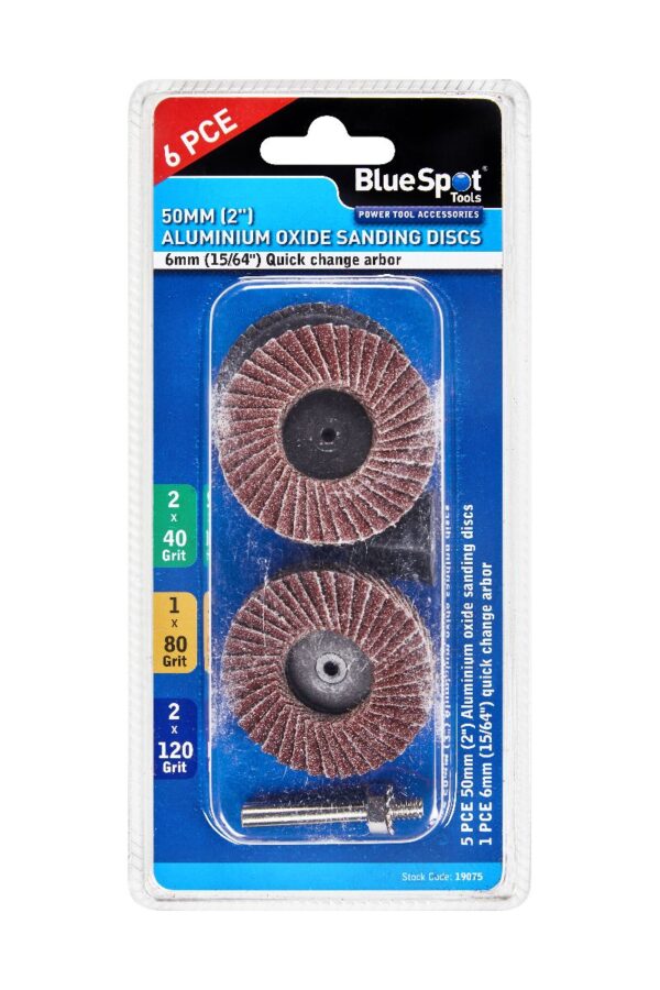 Blue Spot Tools 19075 6 PCE 50mm (2") Aluminium Oxide Sanding Discs - Image 2